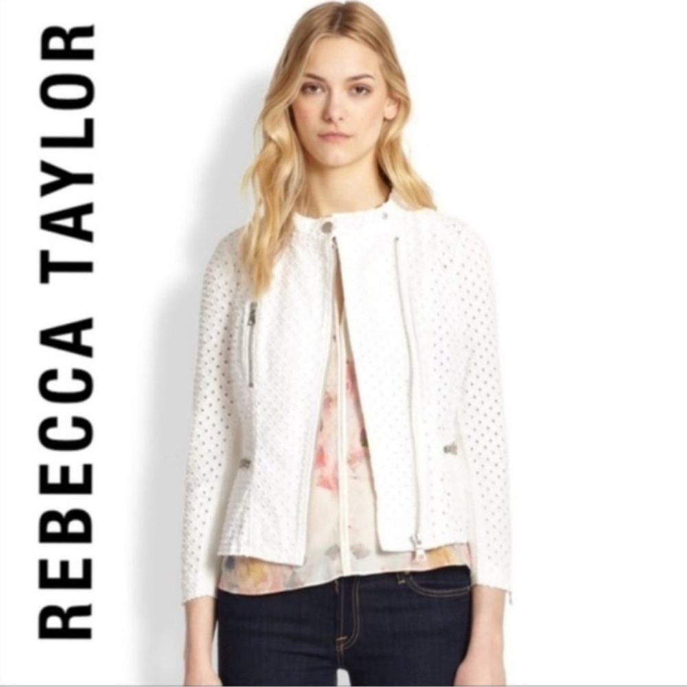 Rebecca Taylor Women’s Size 8 Designer Eyelet White Moto Peplum Zip Up Jacket